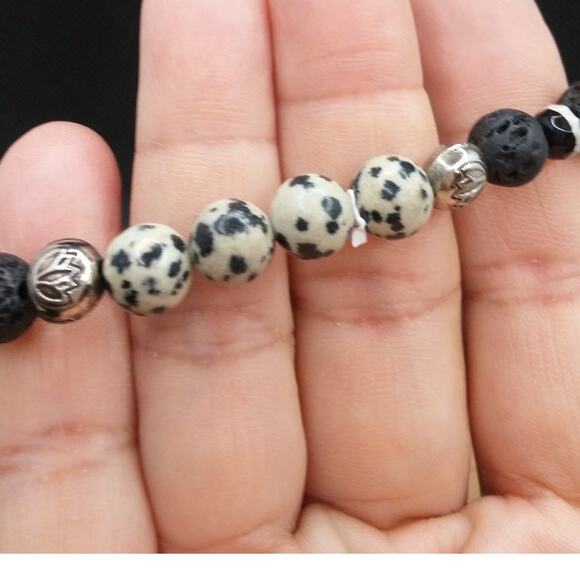 Dalmatian Jasper Beaded Bracelet Handmade Black Lava Stones Tibetan Silver Charm - Picture 7 of 10